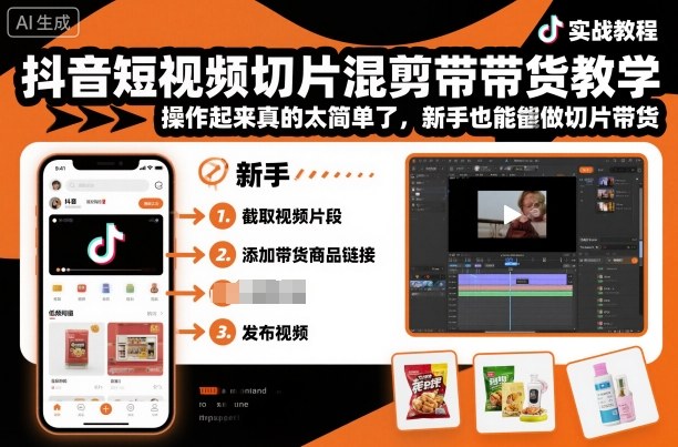 抖音短视频切片混剪带货教学，操作起来真的太简单了，新手也能做切片带货-裕启创服