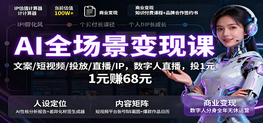 AI全场景变现课：文案/短视频/投放/直播/IP，数字人直播，投1元赚68元-裕启创服