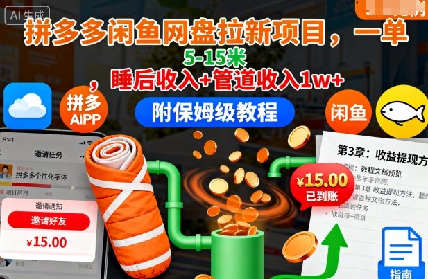 拼多多闲鱼网盘拉新项目，一单5-15米，睡后收入+管道收入1w+(附保姆级教程)-裕启创服