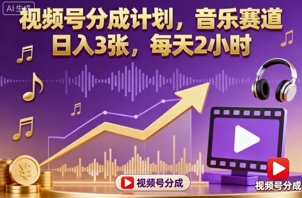 视频号分成计划,音乐赛道,日入3张,每天2小时-裕启创服