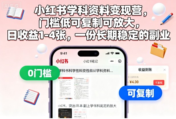 小红书学科资料变现营，门槛低可复制可放大，日收益1-4张，一份长期稳定的副业-裕启创服