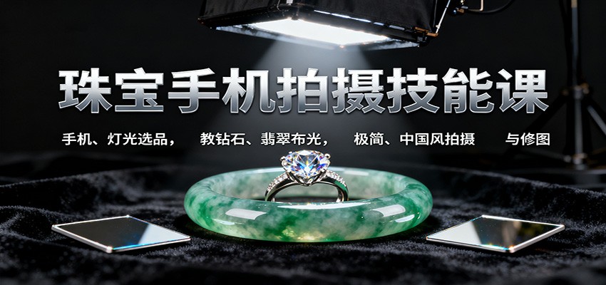 珠宝手机拍摄技能课:手机、 灯光选品，教钻石、翡翠布光，极简、中国风拍摄与修图-裕启创服