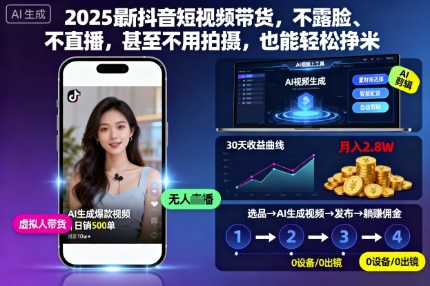 2025最新抖音短视频带货，不露脸、不直播，甚至不用拍摄，也能轻松挣米-裕启创服