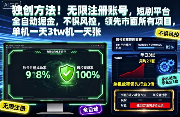 独创方法!无限注册账号,短剧平台全自动掘金,不惧风控,领先市面所有项目,单机一天3张【揭秘】-裕启创服