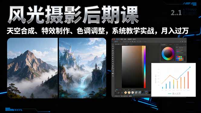 风光摄影后期课,一键换天空合成、特效制作、色调调整,月入过万-裕启创服
