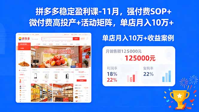 拼多多稳定盈利课-11月,强付费SOP+微付费高投产+活动矩阵,单店月入10万+-裕启创服