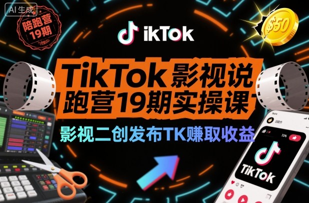 TikTok影视解说陪跑营19期实操课,影视二创发布TK賺取收益,万播收益50美金-裕启创服