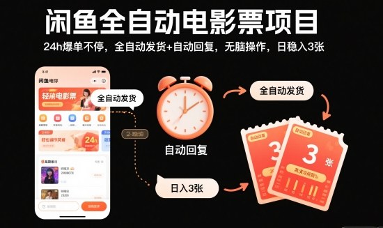 闲鱼全自动电影票项目，24h爆单不停，全自动发货+自动回复，无脑操作，日稳入3张【揭秘】-裕启创服